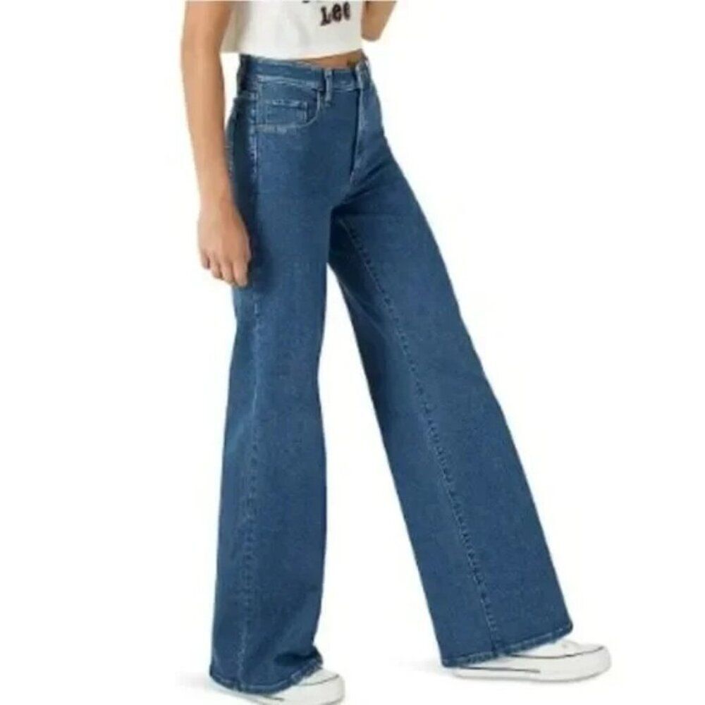 Love Revival High Waist A-Line Flare Wide Leg Patched Medium Wash Denim Jeans 26